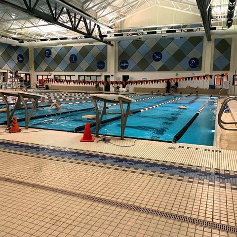 Photo of aquatic center set up for a swim competition