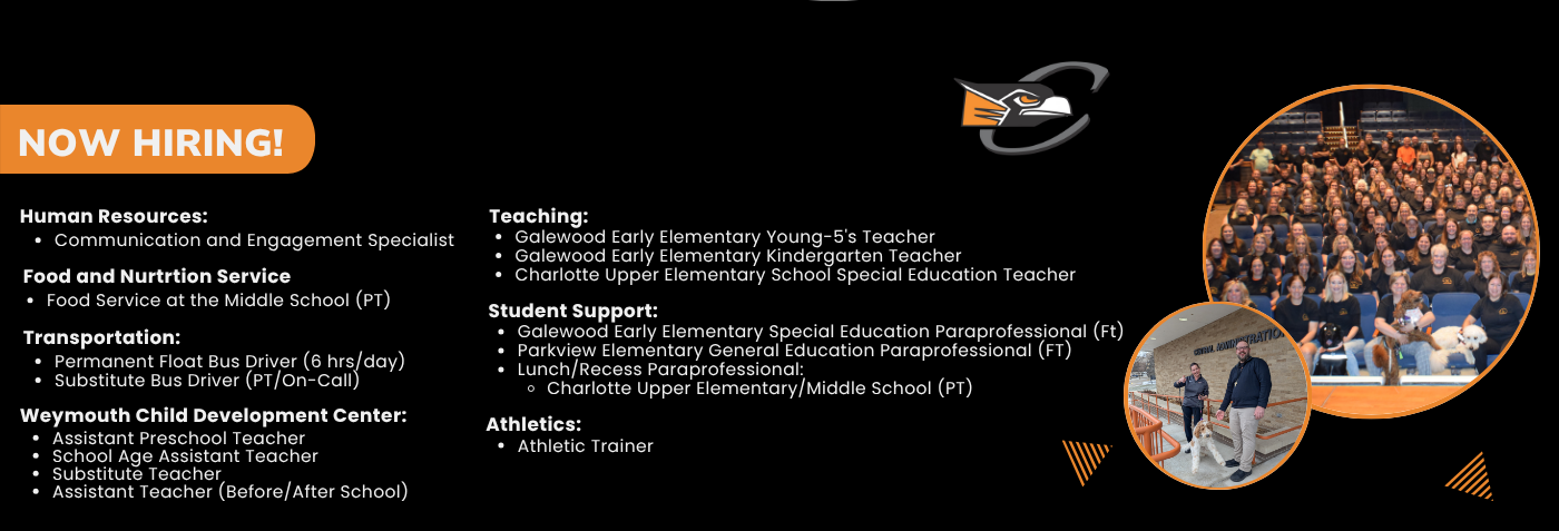 Charlotte Public Schools is hiring! We're looking for passionate educators and support staff to join our team, with openings in middle school math, social studies, 5th grade, student support roles, special education, athletics, childcare, and transportation. Whether you’re a teacher, coach, caregiver, or driver—there’s a place for you to grow and make a difference the Oriole way. Apply now at charlotteorioles.com!