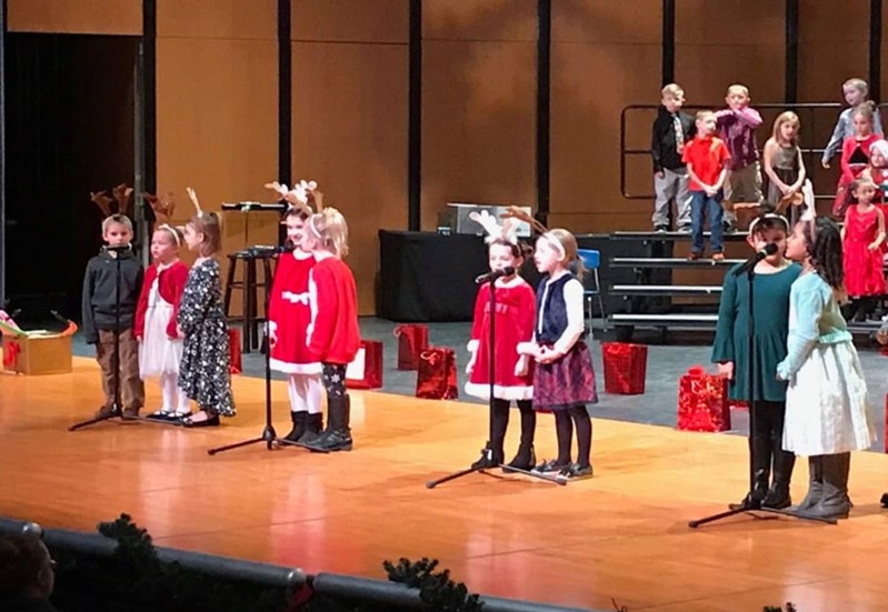 First grade students on stage for 2019 Holiday program