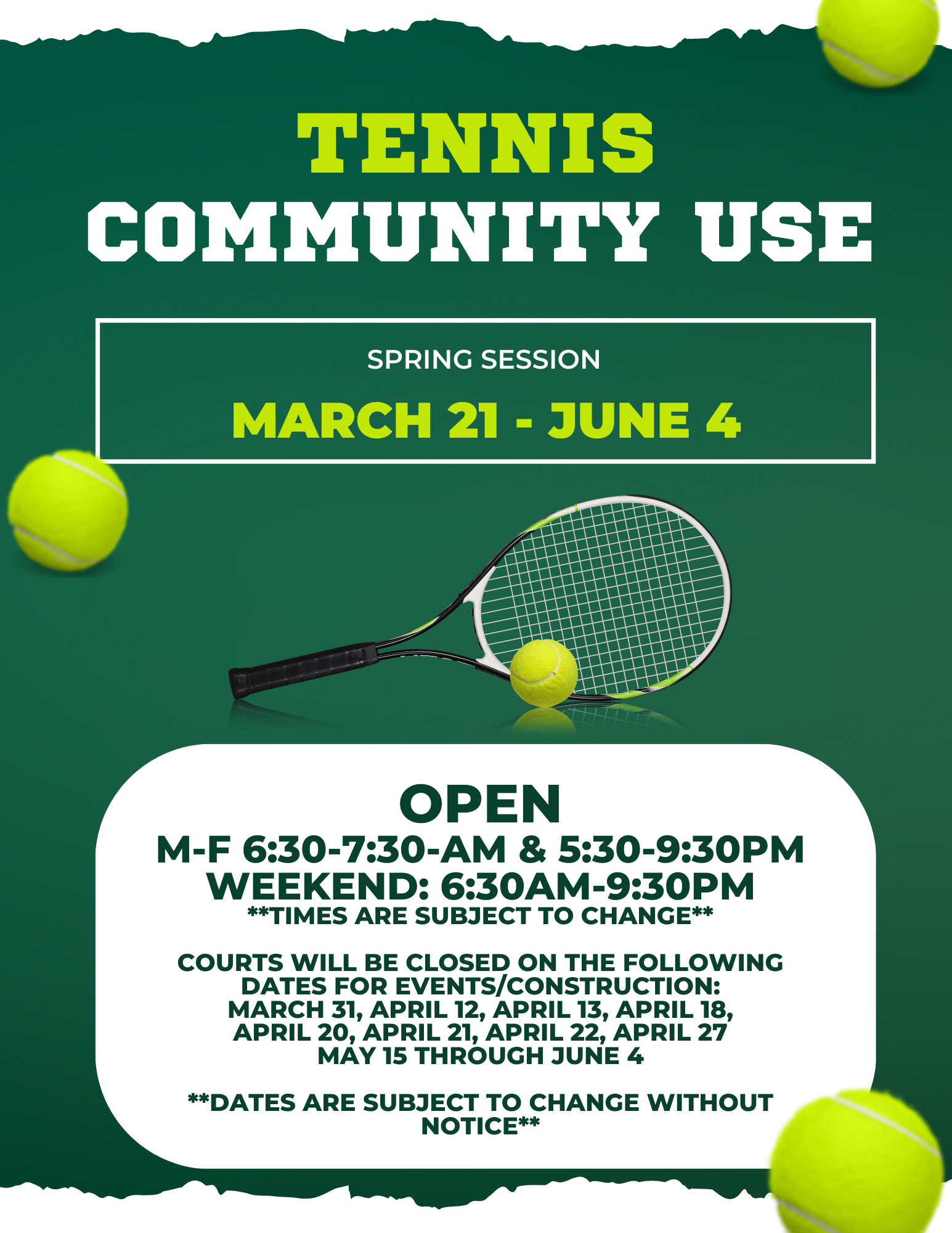 Community Tennis Schedule - Spring 2023