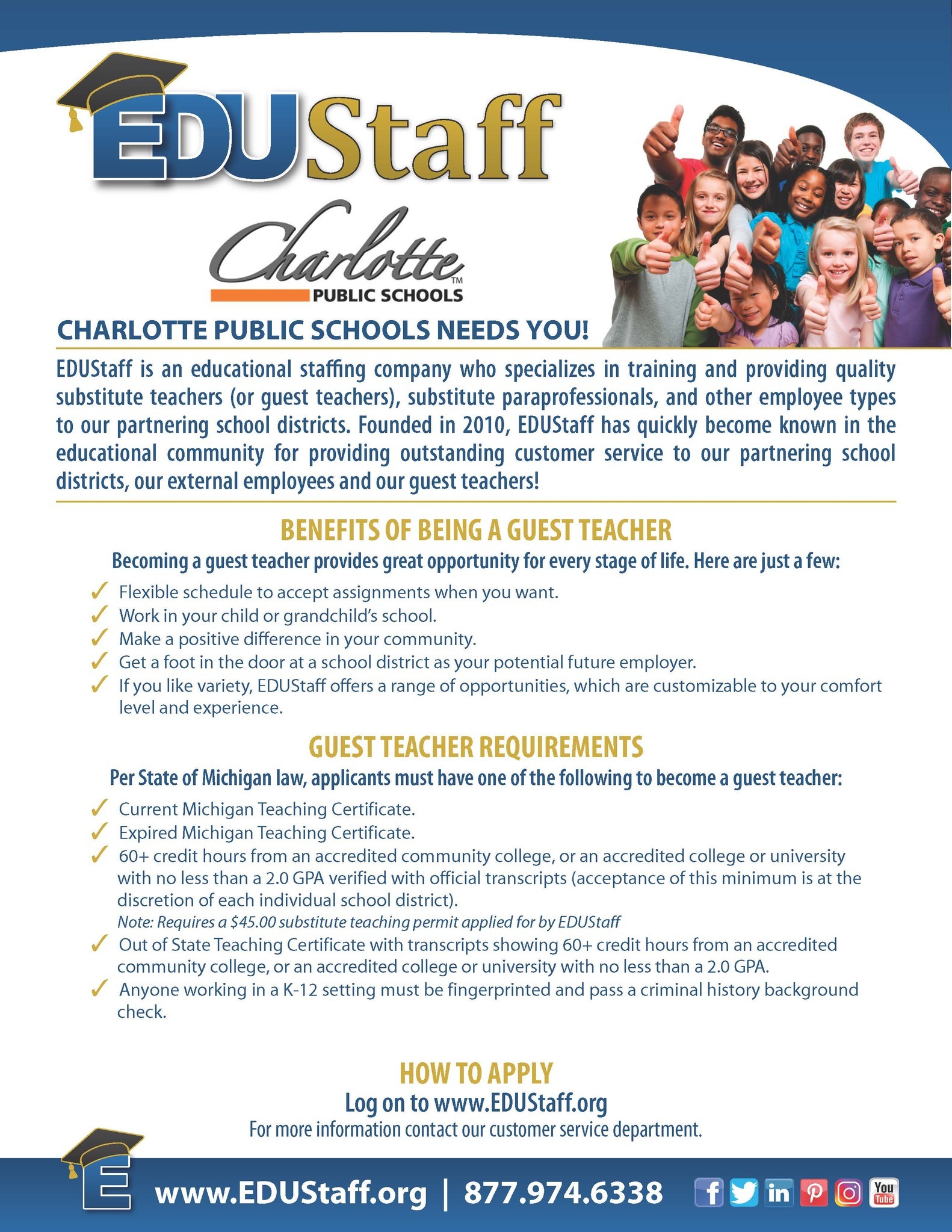 We need you.  Benefits of being a guest teacher at Charlotte Public Schools.