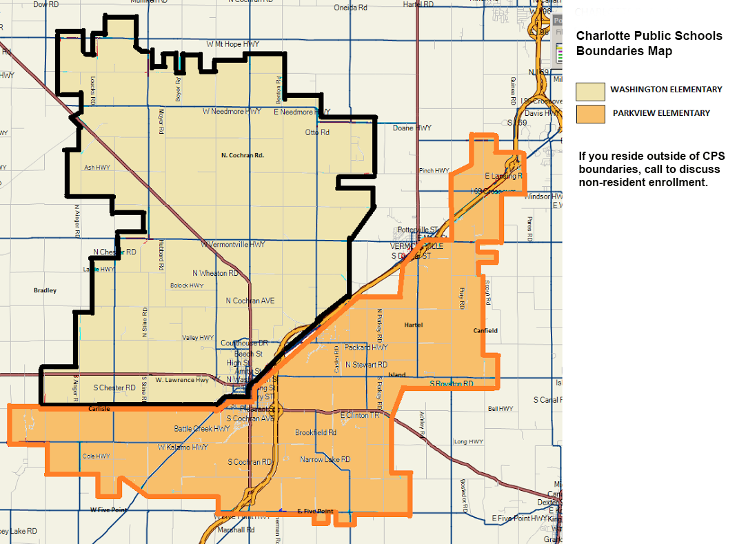 This map describes the boundaries for enrollment in Washington and Parkview Elementaries. Please contact our District Registrar for a verbal description at 517.541.5100.
